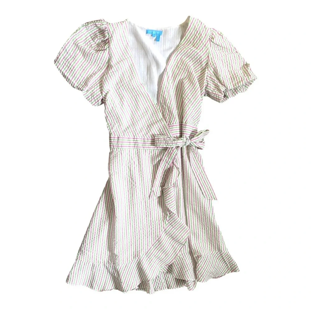 NEW Draper James RSVP Puff Sleeve Pinstripe V-Neck Bow Wrap Dress Size Small - Picture 3 of 8